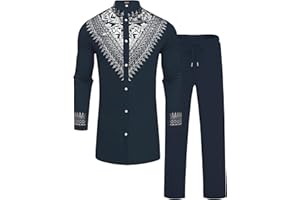 ZSJR Mens African 2 Piece Set Metallic Traditional Suit Gold Stamp Printed African Dashiki Shirt and Pants Outfit
