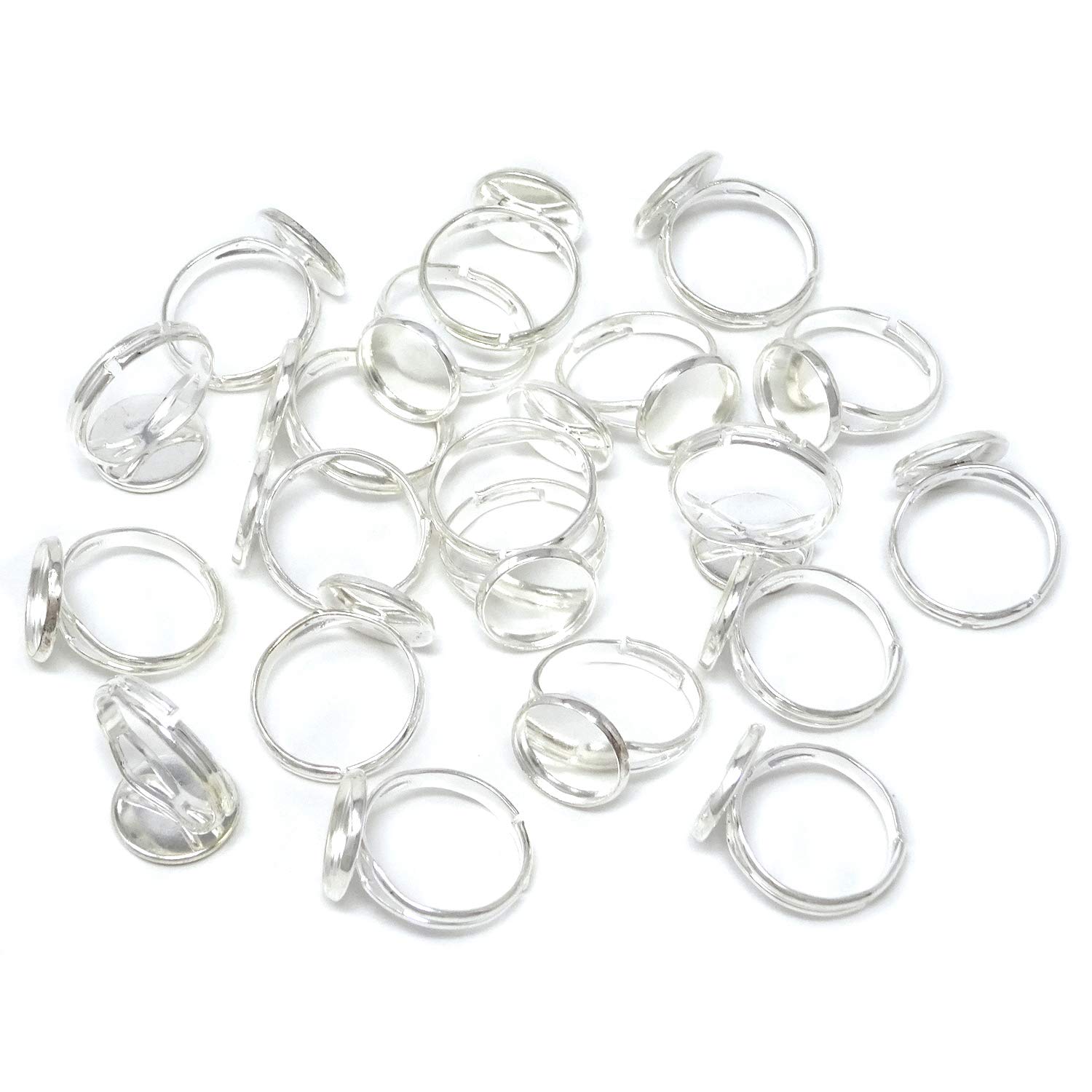 Honbay 20PCS 12mm Adjustable Finger Ring Blank Bases Round Finger Ring Trays (Silver)