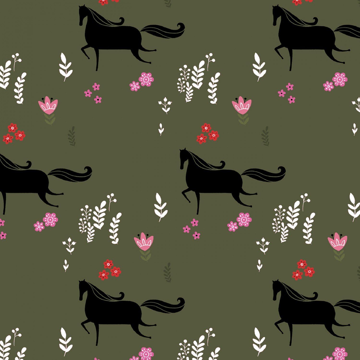 HORSE Fabric Olive Green BY HALF METRE - Animal Fabric Childrens Fabric by Windham - 100% Cotton