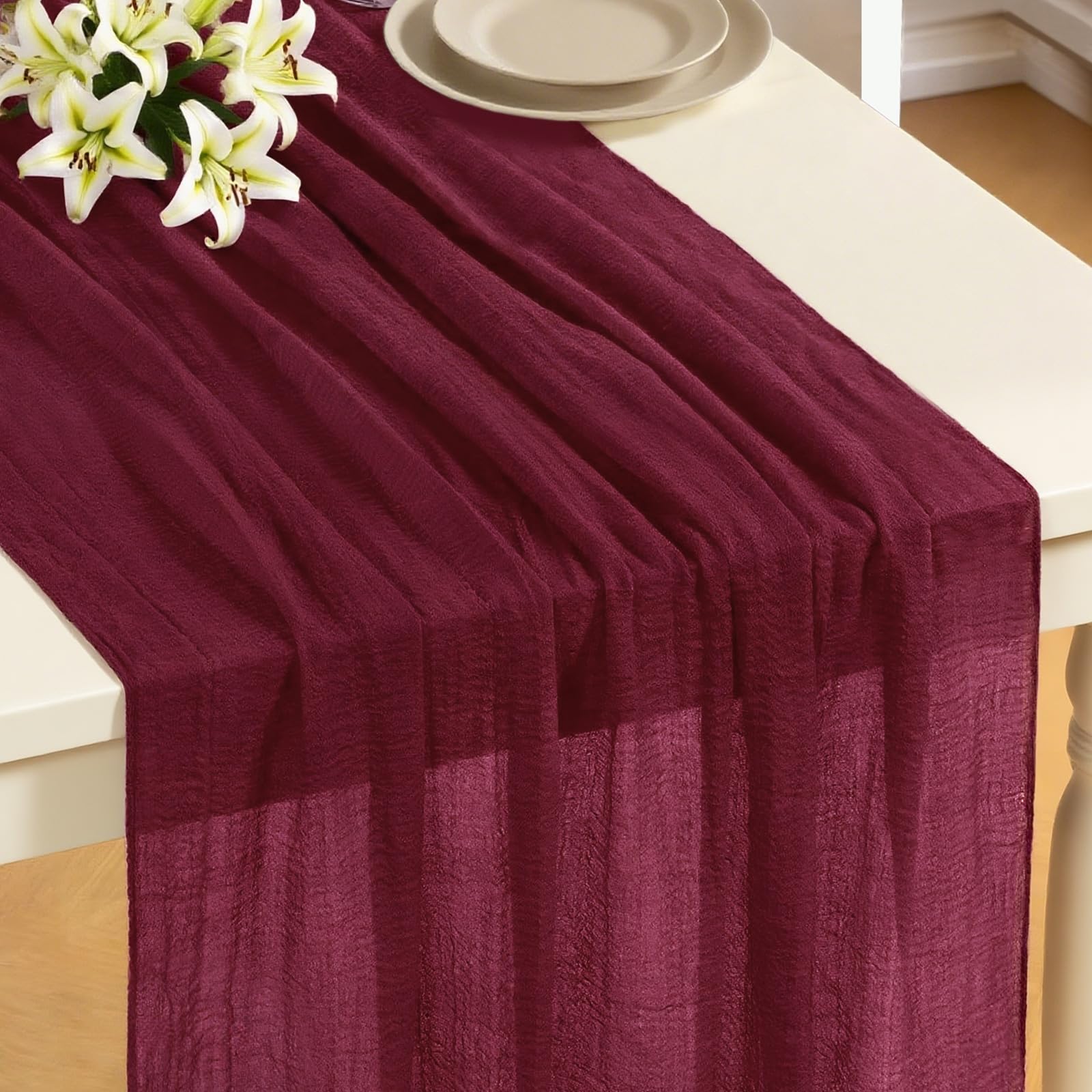 Photo 1 of 1 Pack Burgundy Table Runner 120 Inch Rustic Cheesecloth Table Runner 10Ft Sheer Gauze Tablecloth for Wedding Cheese Cloth Table Runners Bridal Baby Shower Home Decoration