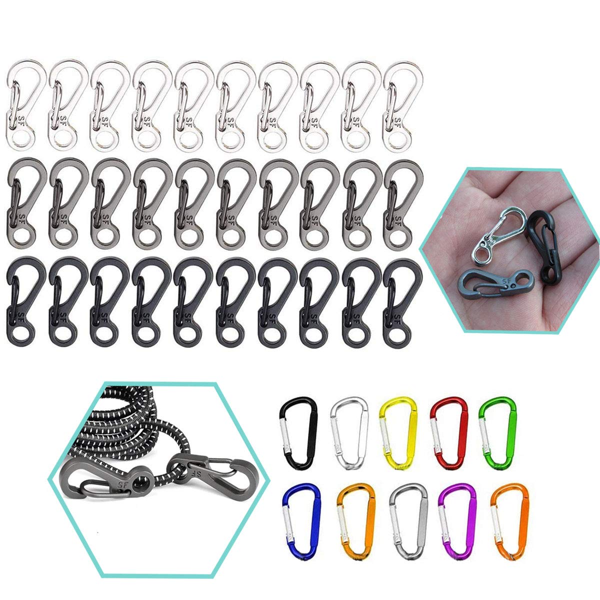 Xumier 40PCS Keychain Backpack Clasps Hiking Spring snap Clip Hook Carabiner mini Alloy for EDC Outdoor Camping travelinghiking Tactical Survival Gear Paracord(Black/Silver Rifle/Grey)