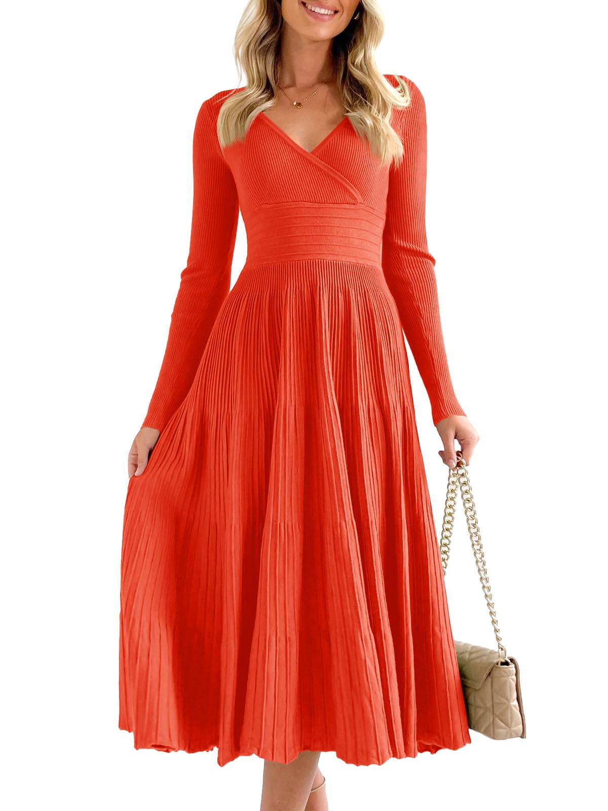 Saodimallsu Womens Long Sleeve Maxi Sweater Dress Fall Trendy Wrap V Neck Pleated A Line Elegant Knit Dresses Orange Red Image
