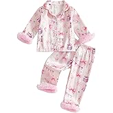 Kuriozud Kids Toddler Girl Satin Pajamas Fuzzy Trim Long Sleeve Button Down Shirt Top and Pants 2pcs Pjs Sets Sleepwear