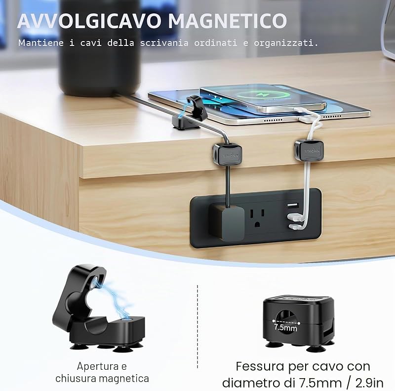 Set di clip per cavi magnetici da 6 pezzi con 6 ventose in silicone per la cable management | Fermacavi Organizzatore di cavi magnetic cable clips per casa, ufficio, scrivania, auto, muro e comodino