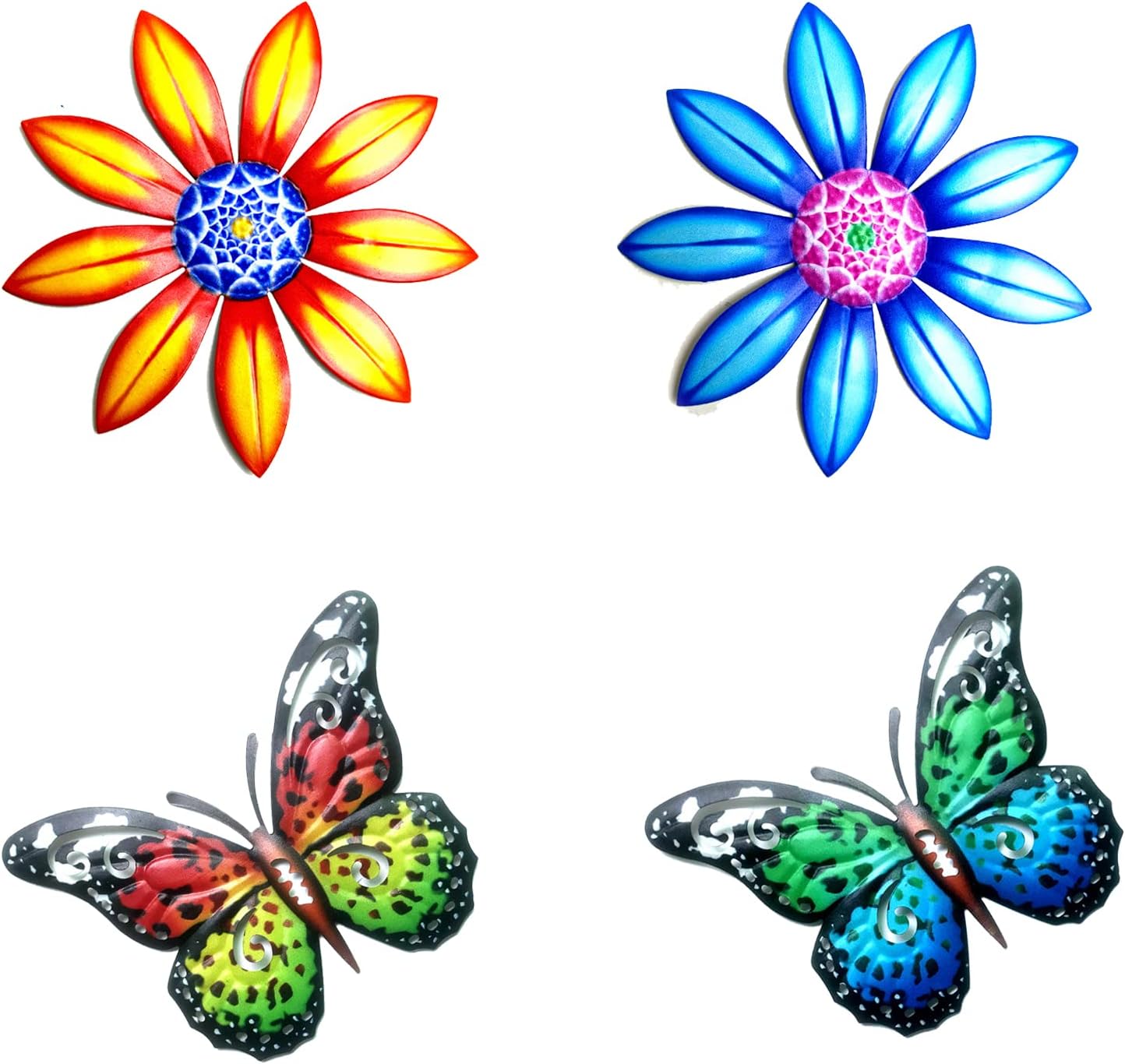 Plaques & Wall Art - Wetufin - 4pcs Garden Wall Art Decor Set - 2 Metal Butterfly & 2 Sunflower Styles Metal Wall Decor Outdoor Hanging Multicolored Handmade Outdoor Decor, Exquisite Craftsmanship