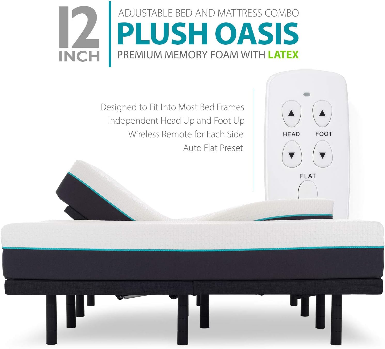 Blissful Nights 12" Cal King Split Premium Cool Medium Plush Ventilated Memory Foam with Latex Support Mattress and Adjustable Bed Frame Combo