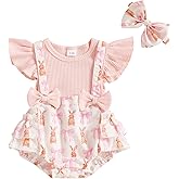 Afunbaby Baby Girl Easter Outfit Newborn Sleeveless Bunny Onesie Ruffle Bubble Romper My First Easter Baby Girl Clothes