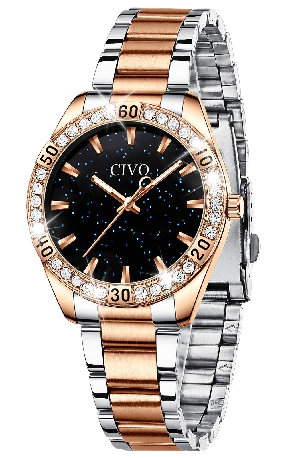 CIVO Ladies Watch Rose Gold Stainless Steel Starry Sky Designer Analogue Waterproof Luminous Fashion Stone Dress Wrist Watch