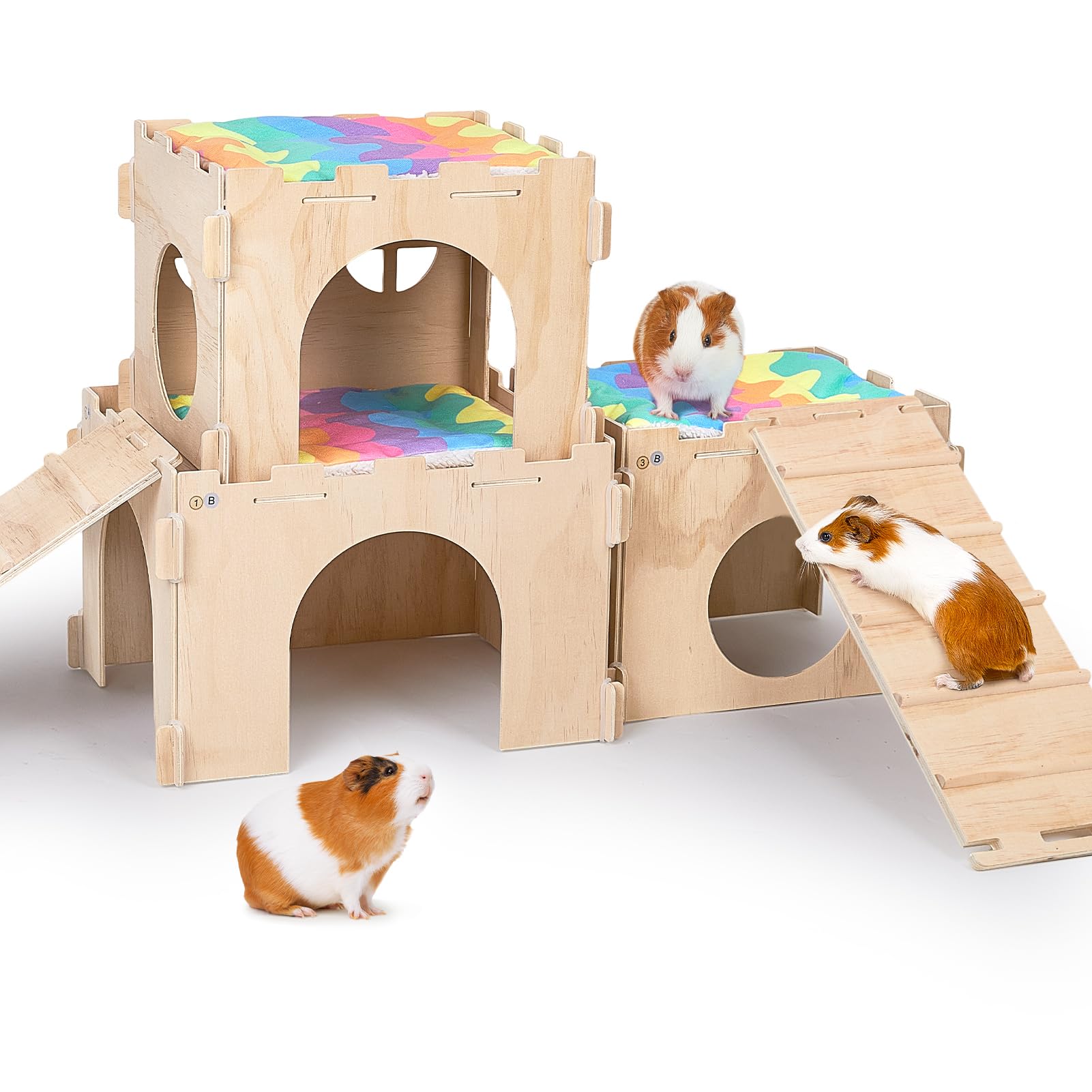 Unicorn Catcher Guinea Pig Habitat with Stairs and Mats, Extra Large Wooden Guinea Pig Castle, Detachable Hideouts for Small Animals, Multiple Doors and Windows
