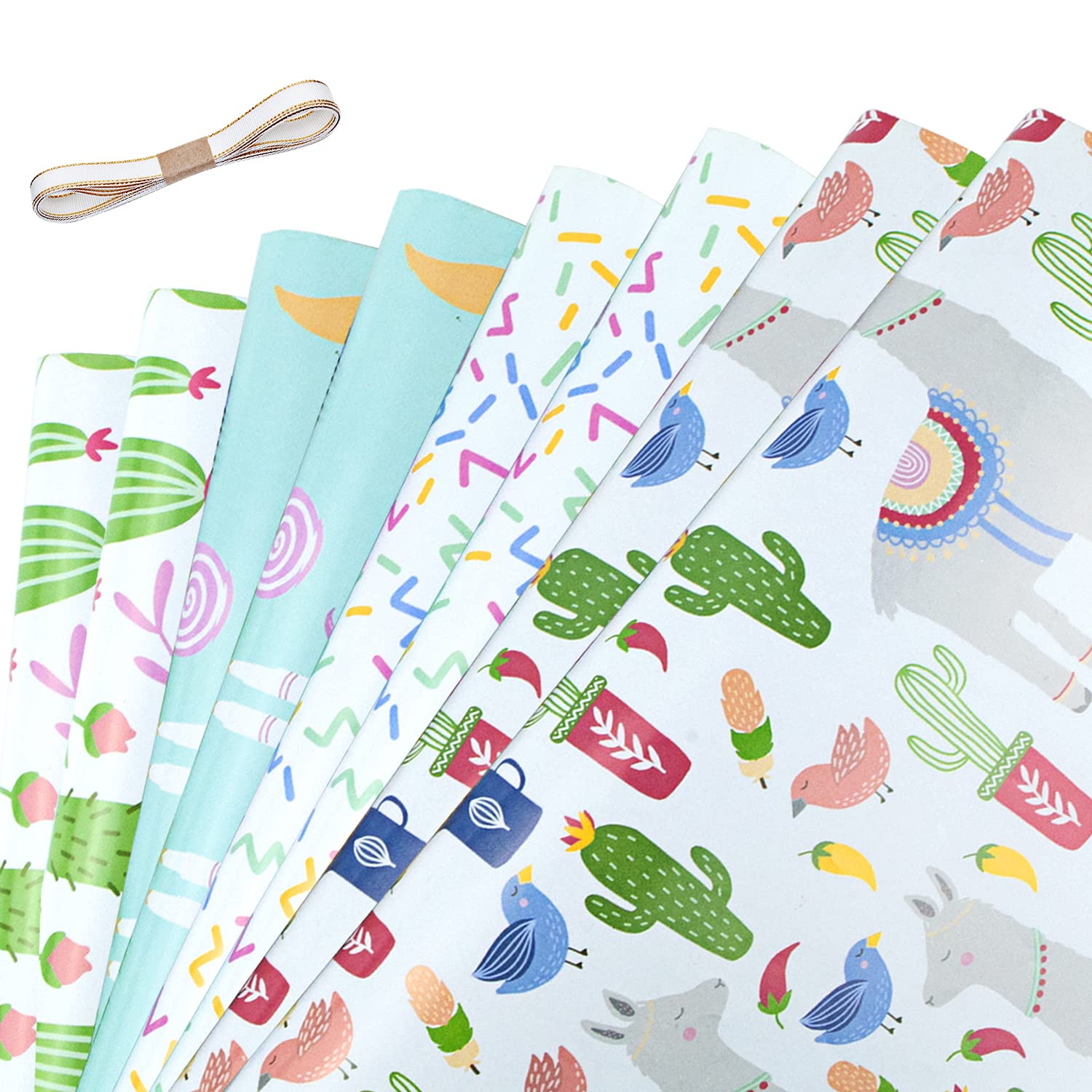 Printed Gift Wrapping Paper, 8 Sheets Wrapping Paper Birthday for Women Girls Kids, Eco-friendly Gift Wrap Folded Packing Paper with Ribbons, 50 x 70 cm
