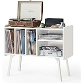 Lerliuo Record Player Stand with 4 Cabinet Holds Up to 220 Albums, Large Turntable Stand with Beech Wood Legs, Mid-Century Re