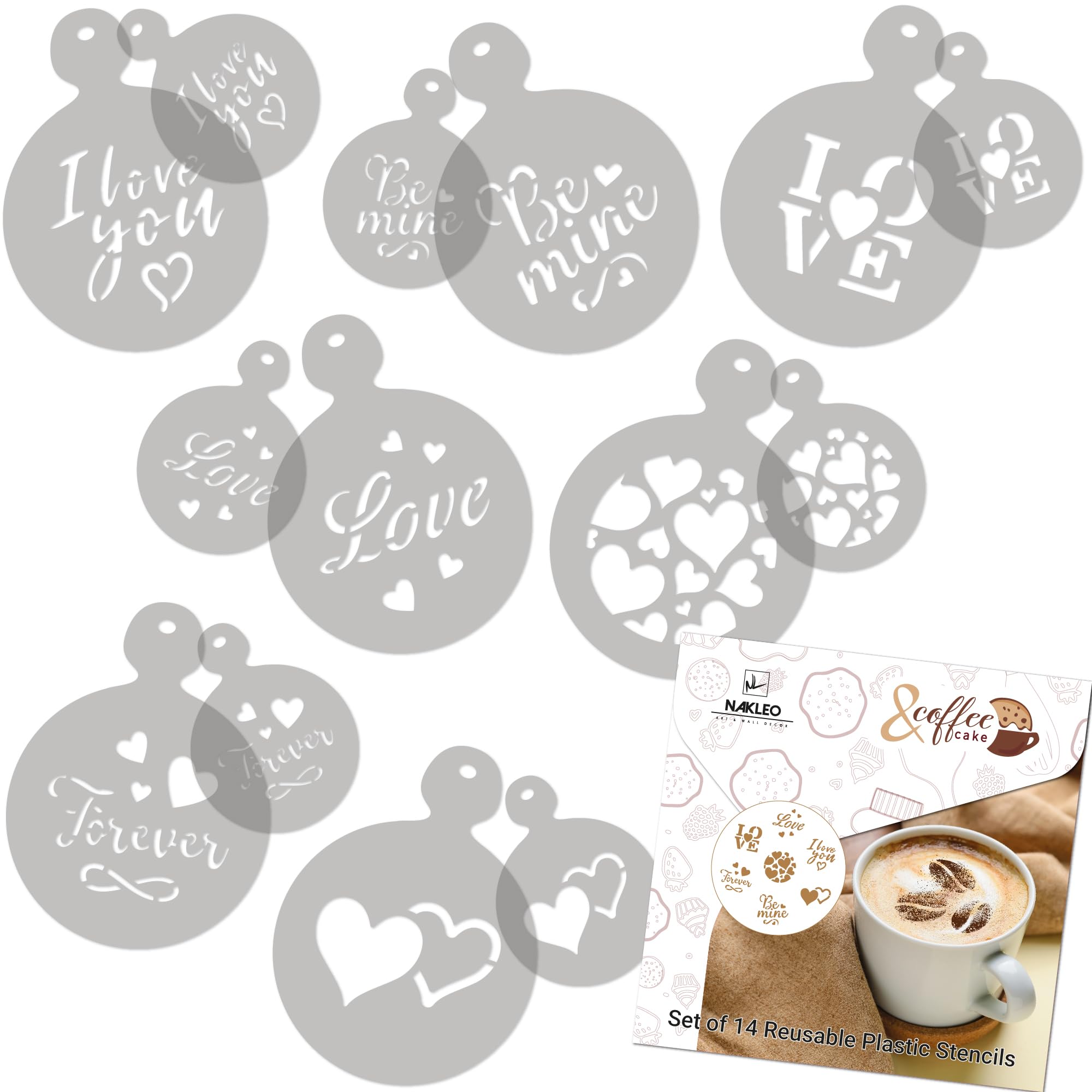 NAKLEO Coffee Stencils and Cookies Decoration 14Pcs 7x7 and 11x11cm, Reusable Plastic Baking Templates, Love Valentines Day, Barista DIY Art Craft, Capuccino Latte Chocolate Cake Biscuit Kitchen