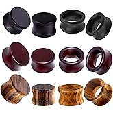 TIANCI FBYJS 12pcs Vintage Natural Brown Black Wood Organic Ear Tunnel Plugs Stretcher Gauges for Men and Women Hollow Solid Wooden Gauges For Ear