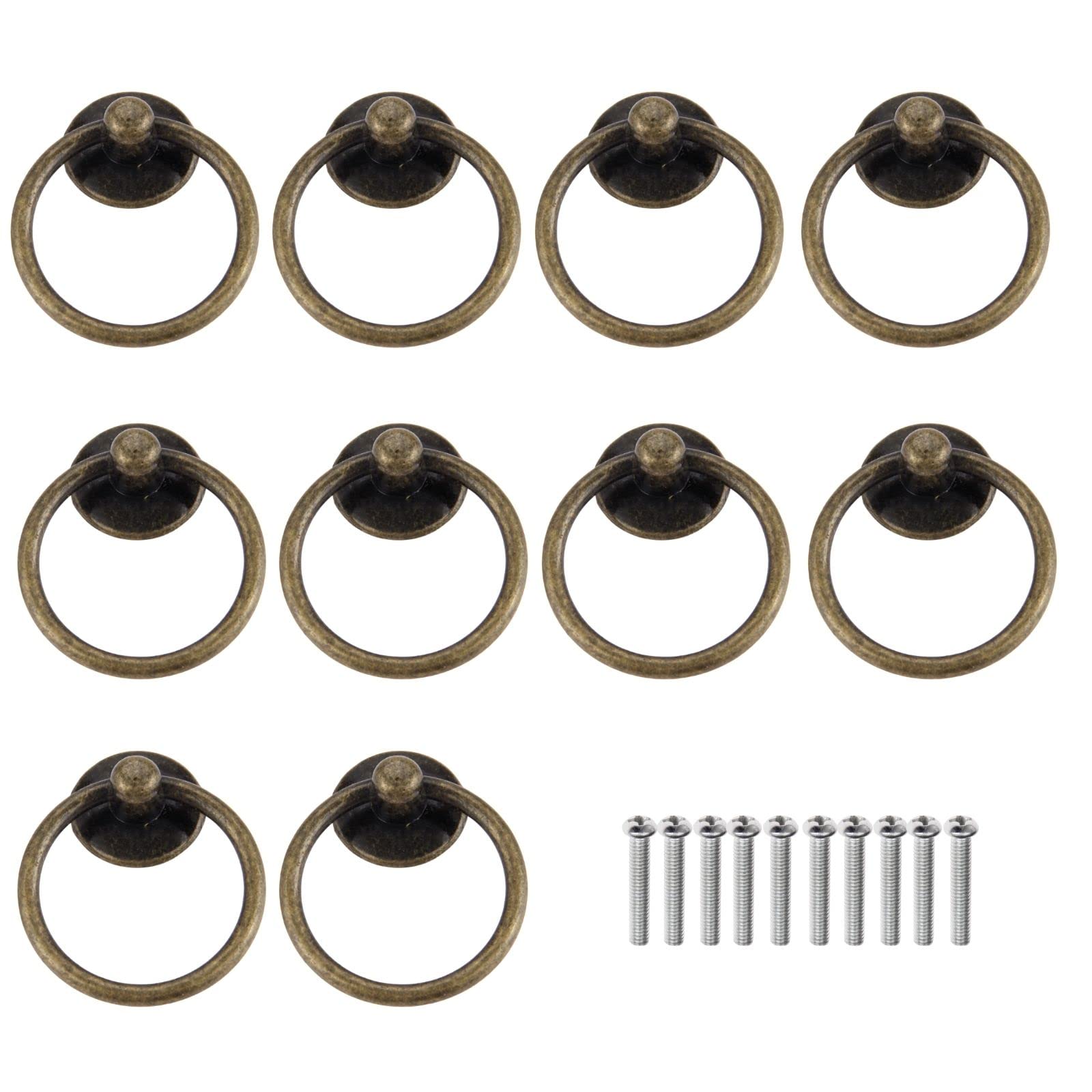 Yetaha 10 x Vintage Cabinet Pull Handles with Screws Retro Drawer Ring knobs Simple Style for Jewelry Box Door Kitchen Cupboard Furniture 44x52mm, Antique Bronze