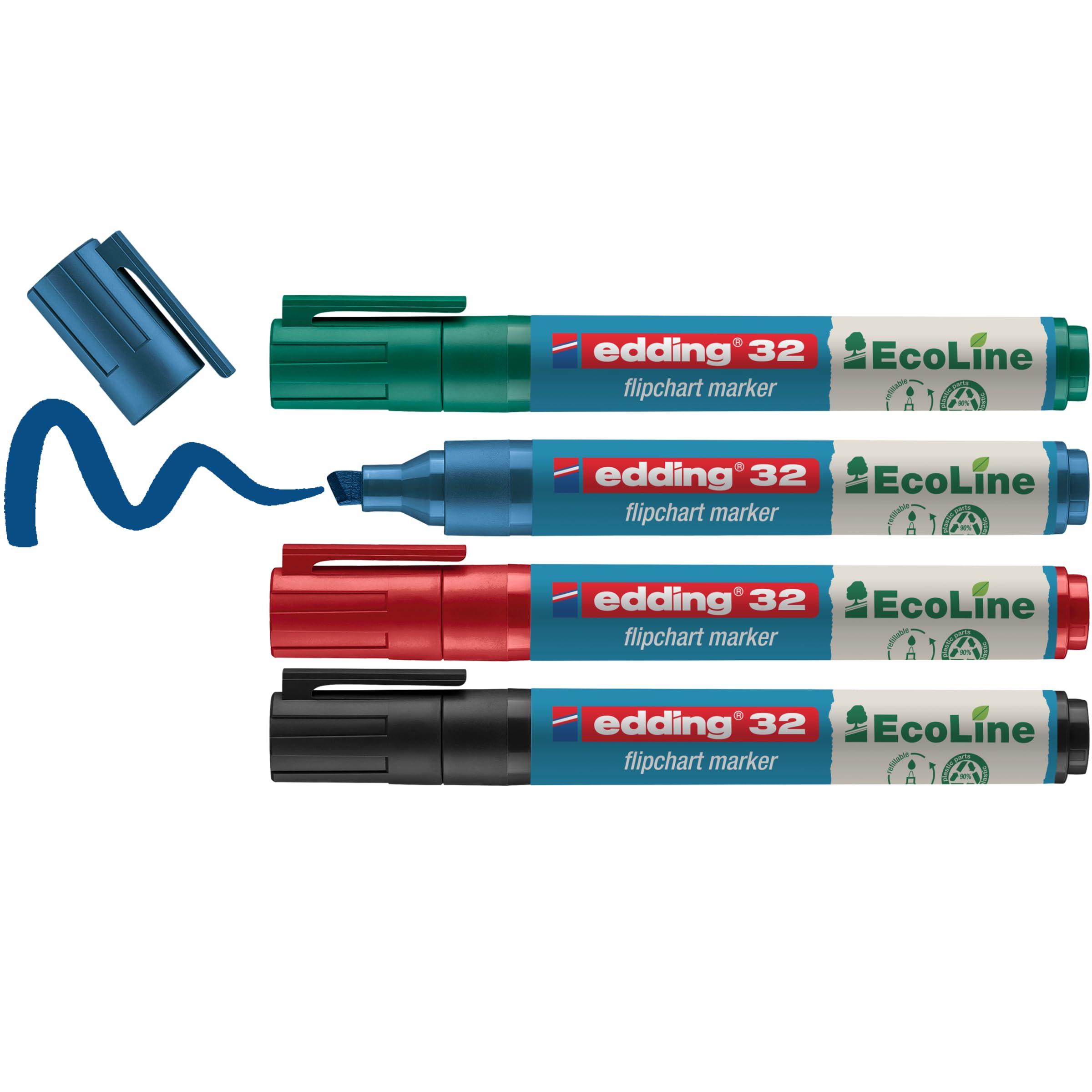 edding 32 EcoLine flipchart marker set - multi-coloured - 4 pens - chisel nib 1-5 mm - marker for writing, drawing and marking on flipchart paper - does not bleed through - does not dry out-refillable
