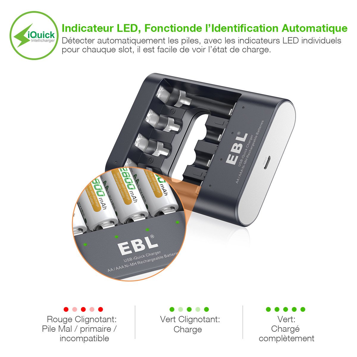 EBL iQuick chargeur de pile rechargeable AA/AAA 40min de charge pou une pile avec lot de 4 piles rechargeables AAA 1100mAh
