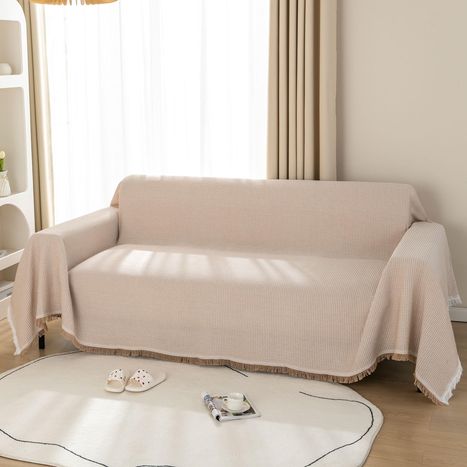 LHGOGO Waffle Weave Sofa Throw Large, Soft Cotton Blend Textured Blanket for 2 Seater Settee, Breathable Decorative Bed Throw, Elegant Furniture Protector for Pets & Kids, 180x230cm, Khaki — image 1