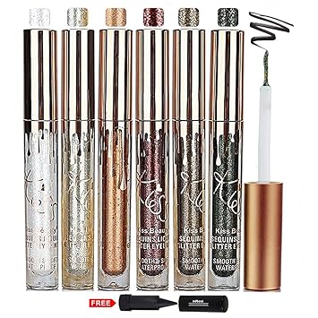 Kiss Beauty Sequins Liquid Eyeliner Smooth and Soft Waterproof - Pack of 6 with Adbeni Kajal