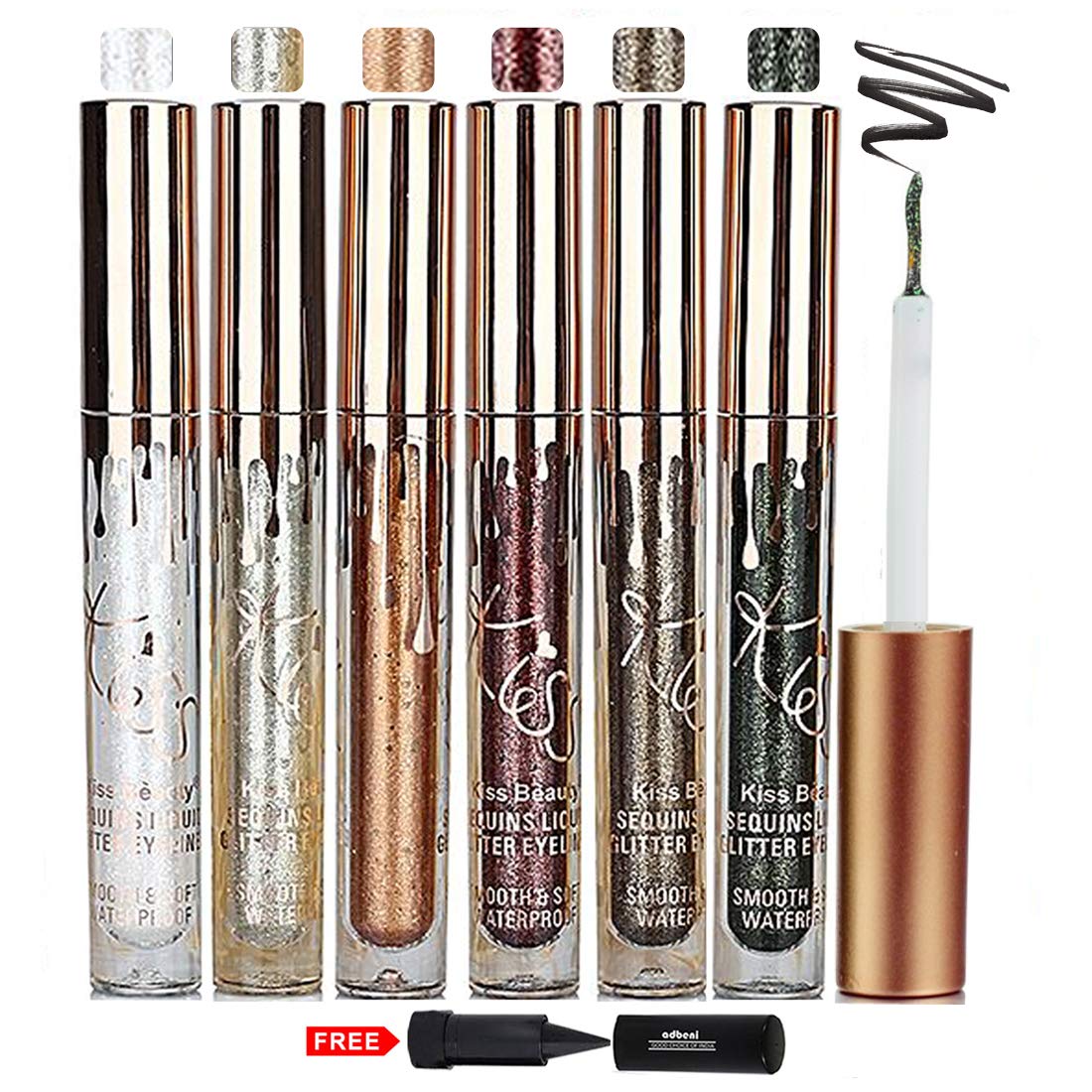 Kiss Beauty Sequins Liquid Eyeliner Smooth and Soft Waterproof - Pack of 6 with Adbeni Kajal