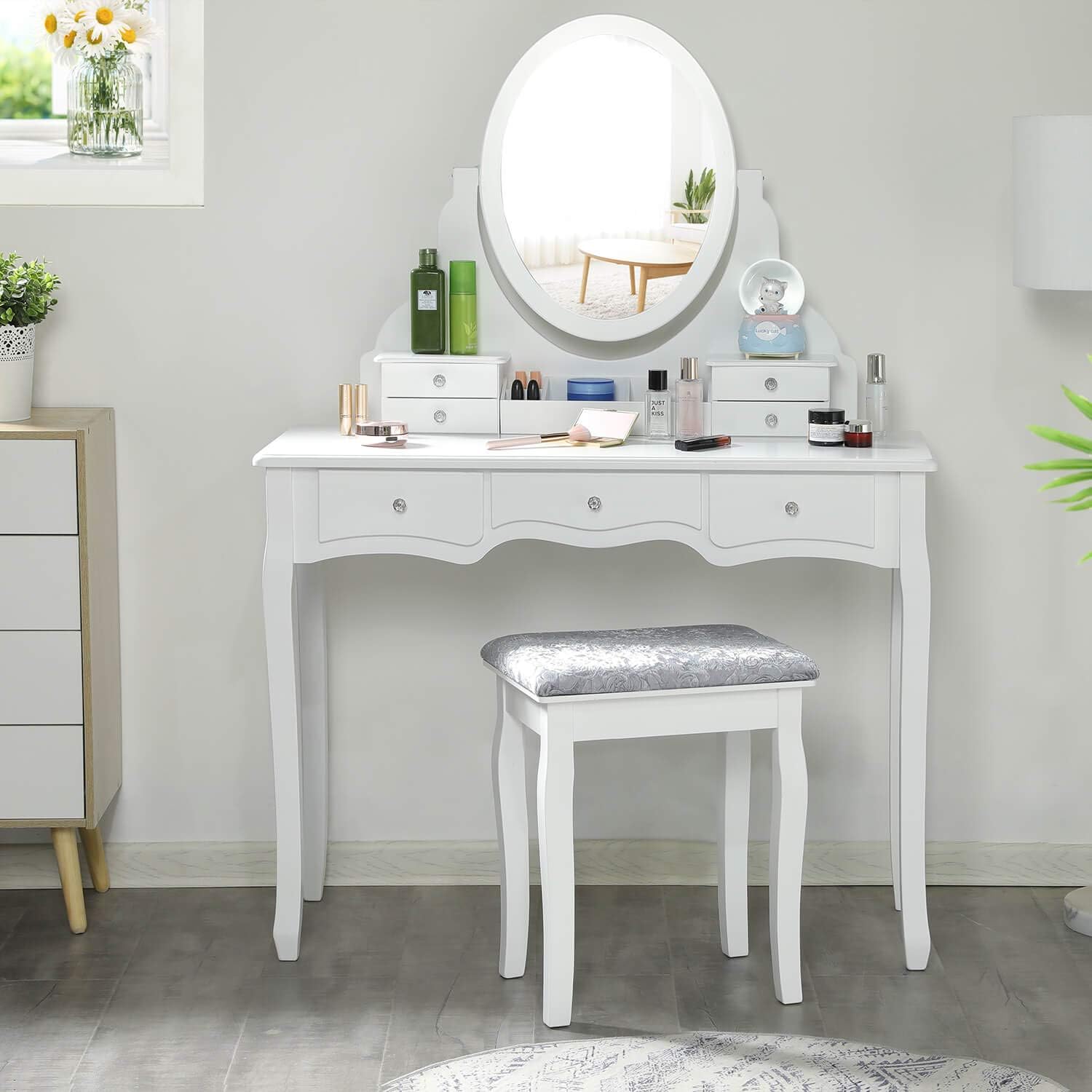 Amazon Com Tiptiper Dressing Table With 7 Drawers And 1 Movable Storage Box Makeup Vanity Table With 360 Rotating Oval Mirror And Stool White Kitchen Dining