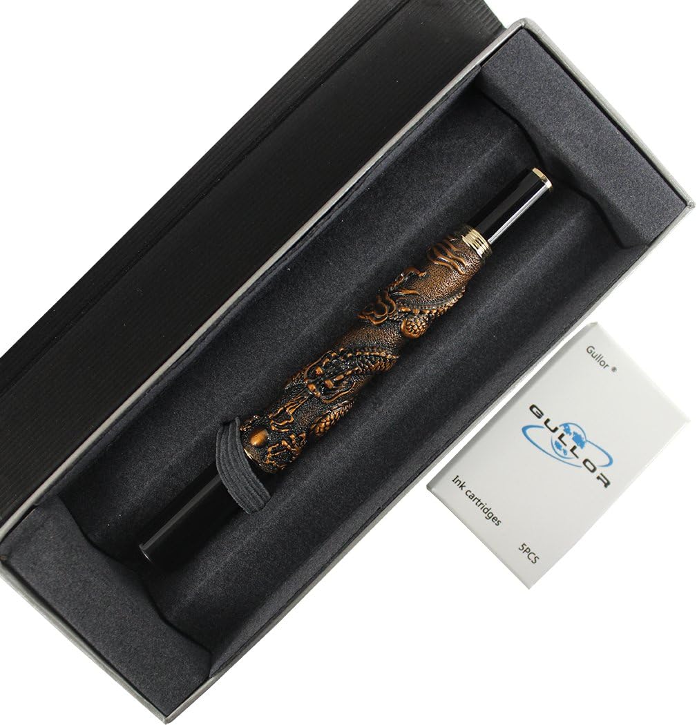 Gullor Chinese Dragon Antique Silver Basso-relievo Fountain Pen Original Gift Box Pen Pouch Ink Cartridges Set - Red Copper - Image 4