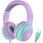 ADOOPE Wired Kids Headphones with USB C Plug, 85dB Safe Volume, Adjustable Headband, Tangle-Free Cord Headphones for School, Tablet, Travel (Lavender & Mint Green, Without Microphone)