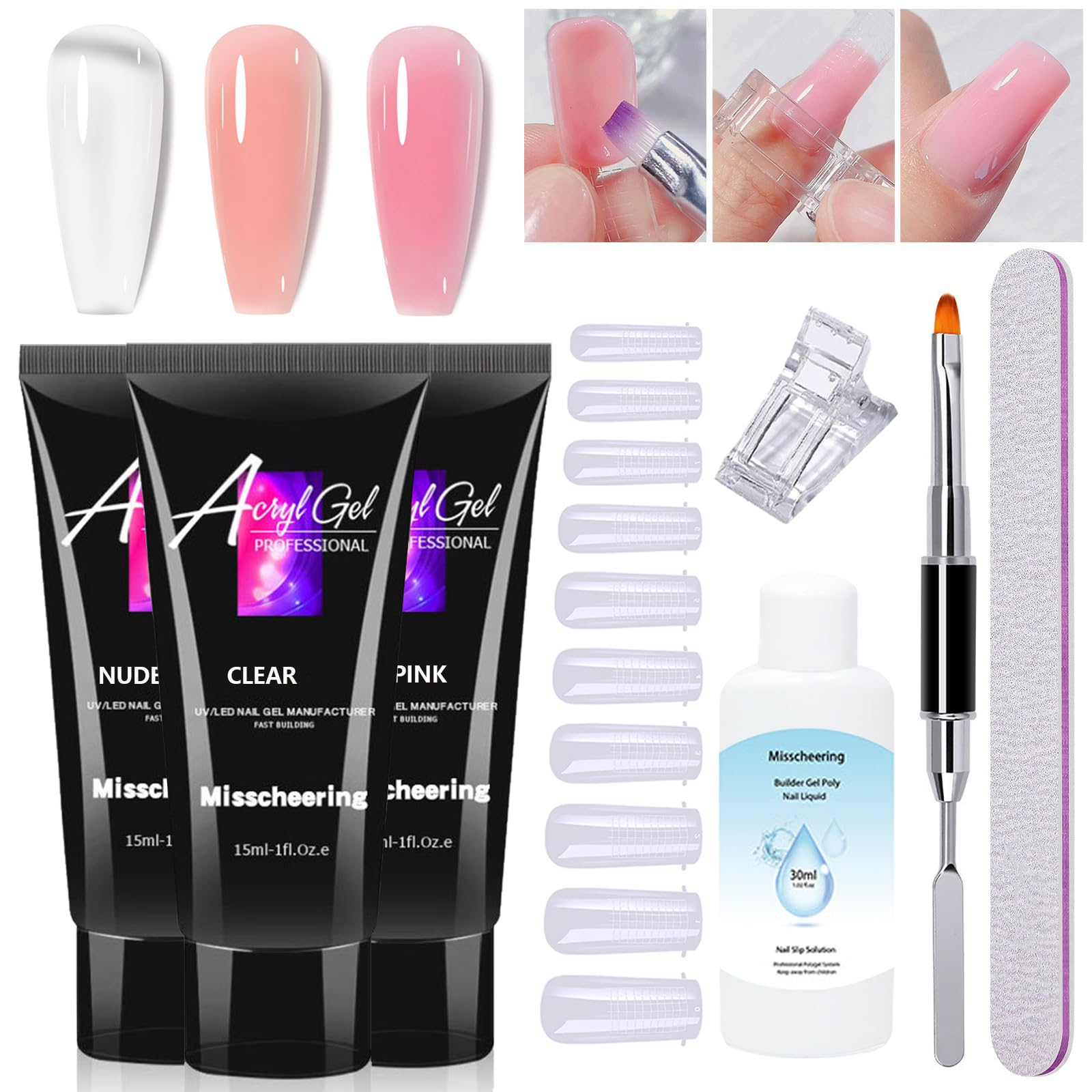 Poly Gel Kit - 3 Colors Clear Nude Pink Builder Set for Extension - 15ml Strengthener Thickening Gel With Tools - All-in-One Polygel Set