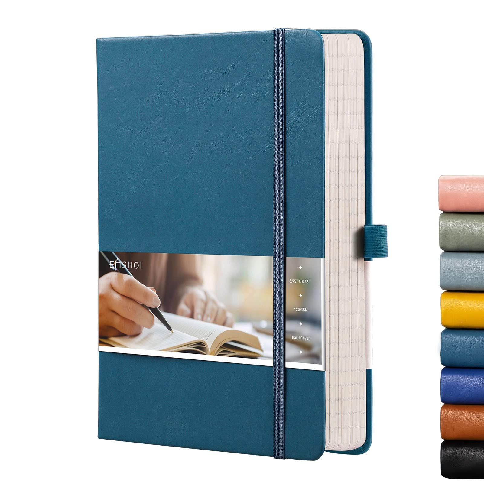 EMSHOI A5 Notebook - 21.4 x 14.5 cm Lined Journal with 256 Numbered Pages, 120gsm Thick Paper, Sticky Notes, 8 Perforated Sheets, Hardback Vegan Leather Notepad for Women Men Writing - LightBlue