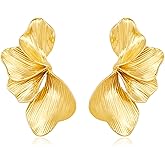 Gold Flower Statement Earrings 18K Gold Plated Large Irregular Petal Stud Earrings Big Chunky Flower Dangle Earring Hypoallergenic Stud Trendy Jewelry Gift