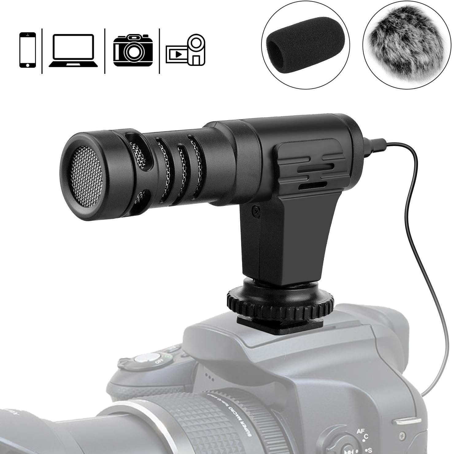 Video Microphone FerBuee Super-Cardioid Condenser On-Camera Shotgun Microphone for Canon Nikon DSLR Camera/iPhone/Android Smartphone/Mac iPad/Tablet Camcorder with 3.5mm Jack