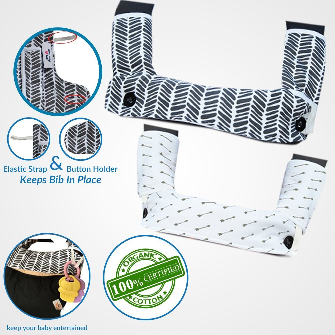 Drool and Teething Pad Reversible Organic Cotton 3-Piece Set Compatible with Ergobaby Four Position 360 Baby Carrier (Grey and White Arrows) [Patent Pending]