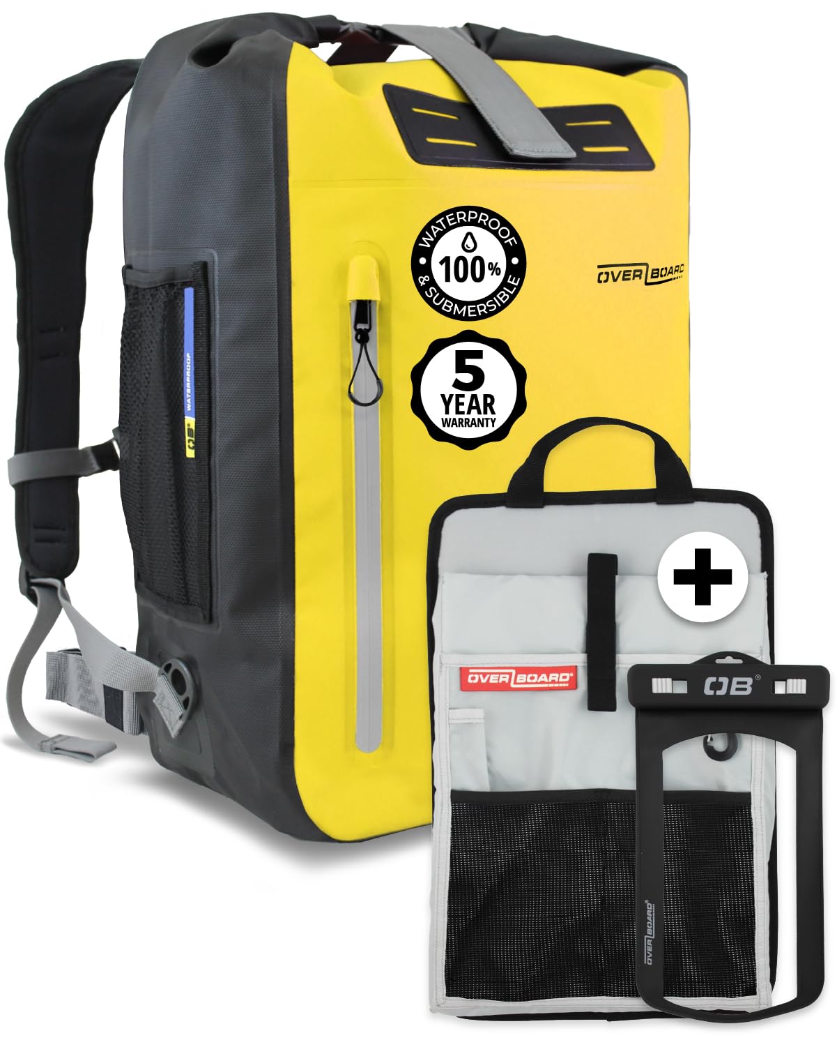 OverBoard Yellow Explorer Waterproof Backpack 30L Bundle| Roll Top Floating Dry Bag for Kayaking, Beach, Boating, Hiking, Rafting| Includes Waterproof Phone Case and Backpack Organiser(Yellow,30 Litre
