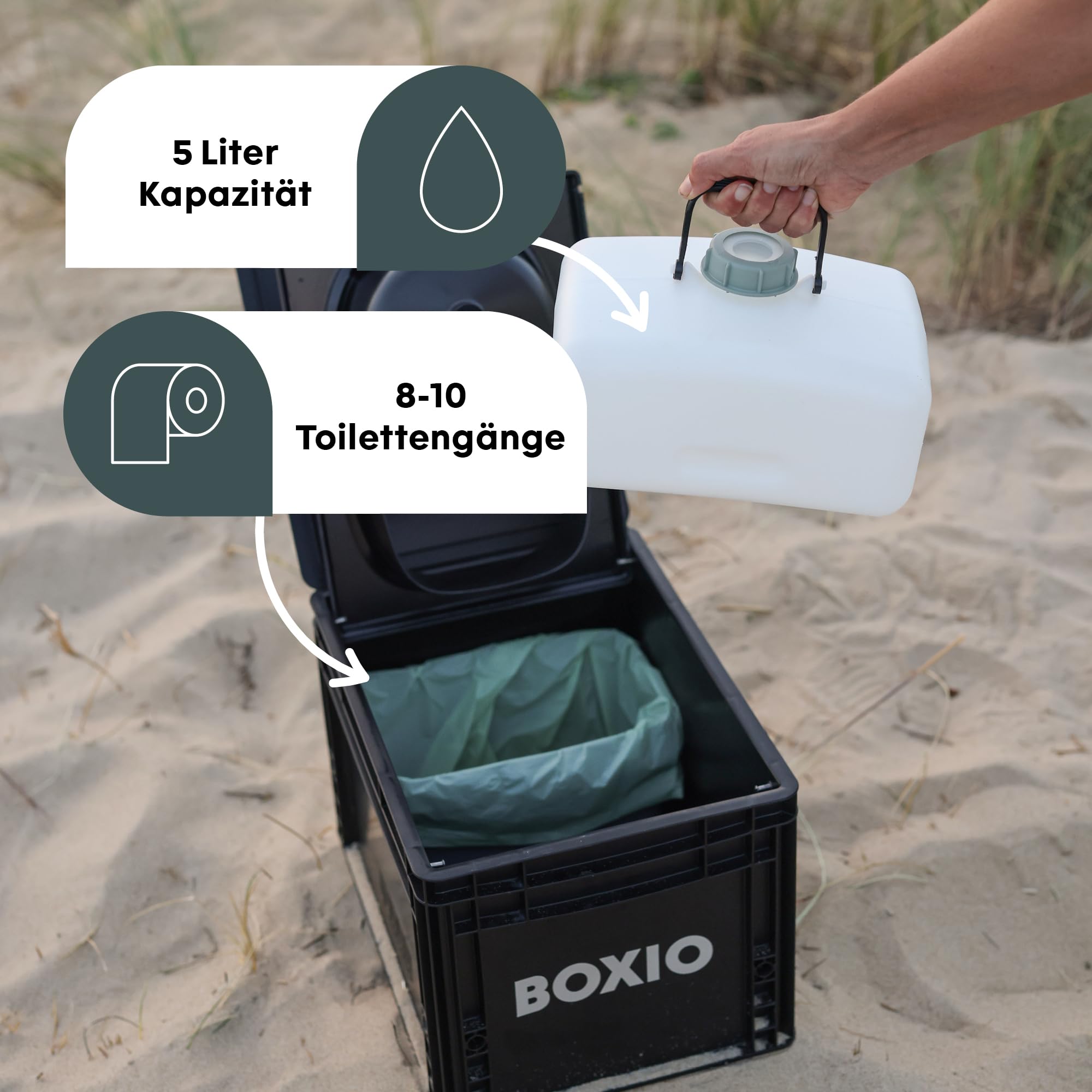 BOXIO - TOILET: Campingtoilette 40x30 kompakt, mobile Trockentrenntoilette ohne Chemie für Camping, Van, Outdoor, Dachzelt: Toilette auf Eurobox Basis ohne Strom für unterwegs, schwarz 2