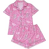 MakeMeChic Women's 2 Piece Pajama Set Graphic Short Sleeve Button Down Shirt and Shorts Set Sleepwear