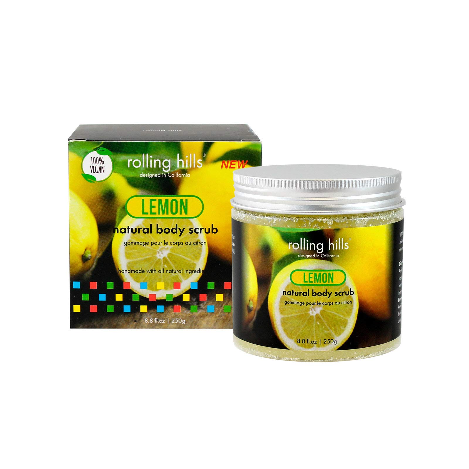 Rolling Hills - Natural Lemon Scrub - Body and Face Scrub - 100% Natural and 100% Vegan - Exfoliating and Moisturizing - For Fresh and Rejuvenated Skin - 250 g jar