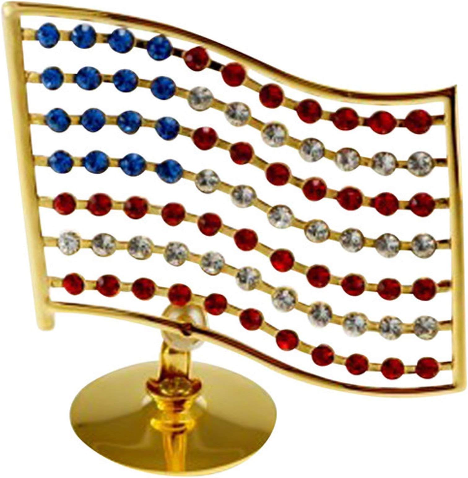 KGNC 24K Gold Plated USA Flag Tabletop Figurine with Red White Blue Crystals