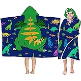 Dinosaur Hooded Beach Towel for Boys, Soft & Absorbent T-Rex Dinosaur Poncho Towel, 30”x50” Green Blue Bathrobe for Kids Cool Cartoon, Quick Dry Swim, Pool, and Bath Time