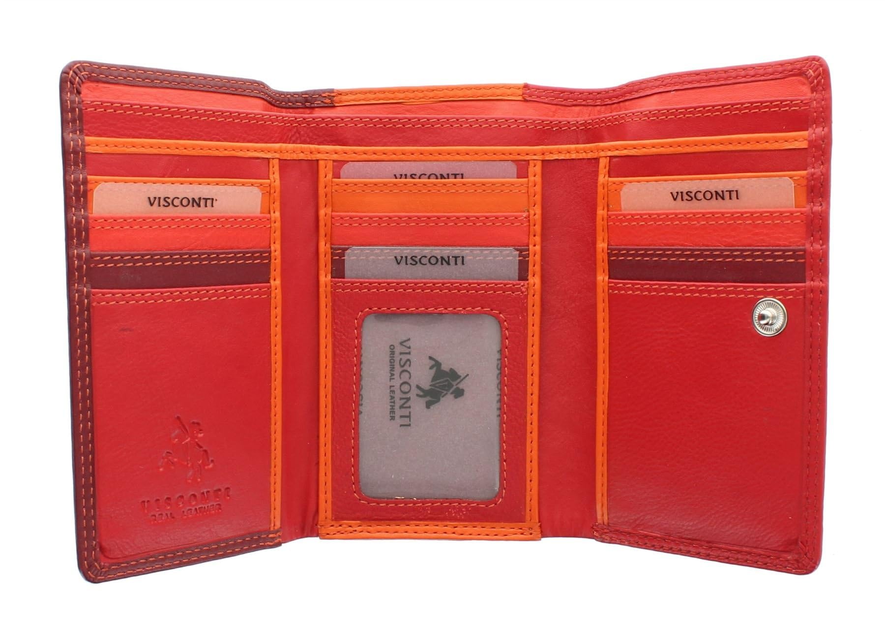 VISCONTI Rainbow Collection Bora Tri-Fold Leather Purse RFID Blocking RB43 Red Multi