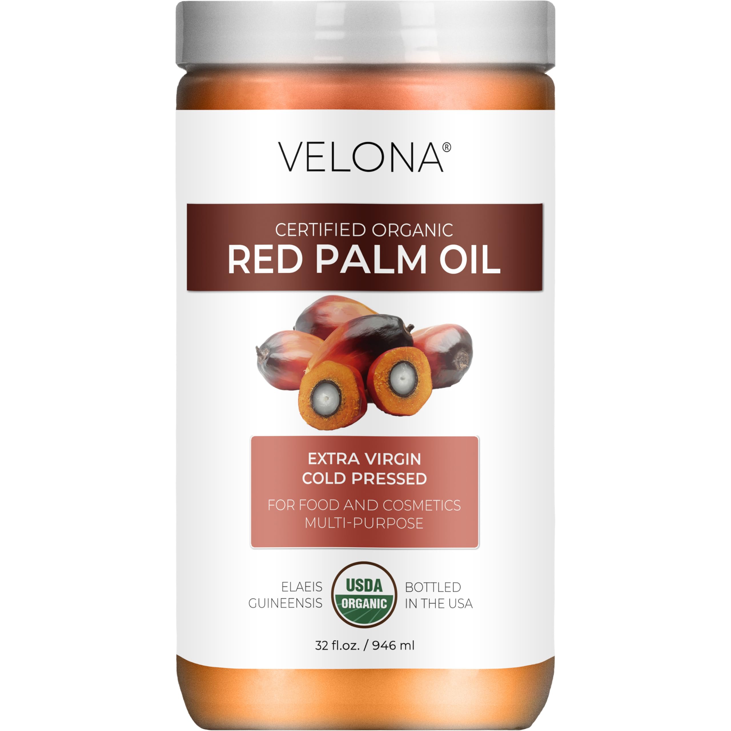 Photo 1 of velona USDA Certified Organic Red Palm Oil 32 Fl Oz | Food and Cosmetic Grade | in jar | Extra Virgin, Cold Pressed | Skin, Face, Body, Hair Care | Use Today - Enjoy Results