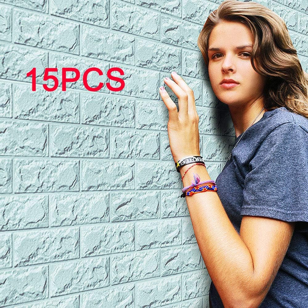 Mumustar 15PCS PE Foam 3D Wall Stickers Wallpaper 60 X 30 X 0.8cm, Self Adhesive Embossed Brick Ceramic Tile Stone Wall Panels Decals For Bedroom Kitchen Livingroom Decor (Sky Blue)
