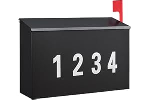 LAND·VOI Wall-Mount Mailbox with One Flag Kit and Three Sets of 0-9 Mailbox Number Stickers, Mailboxes for Outside, Galvanized Steel Rust-Proof Metal Post Box, 4.33" Dx14.2 Wx10.43 H, Black
