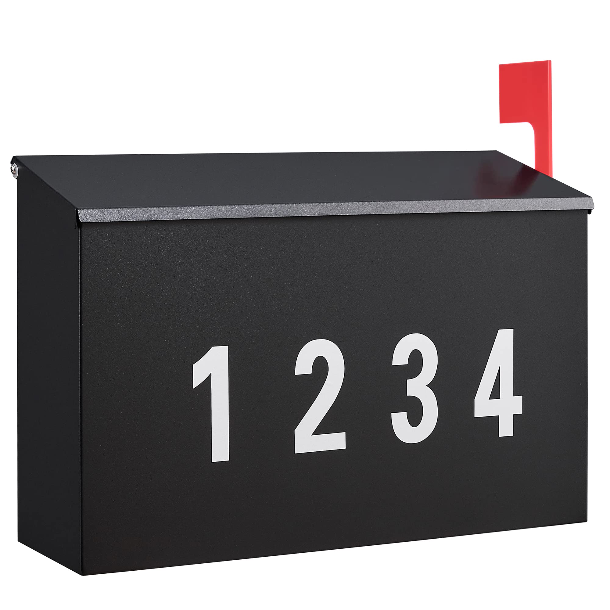 Photo 1 of LAND·VOI Wall-Mount Mailbox with One Flag Kit and Three Sets of 0-9 Mailbox Number Stickers, Mailboxes for Outside, Galvanized Steel Rust-Proof Metal Post Box, 4.33" Dx14.2 Wx10.43 H, Black