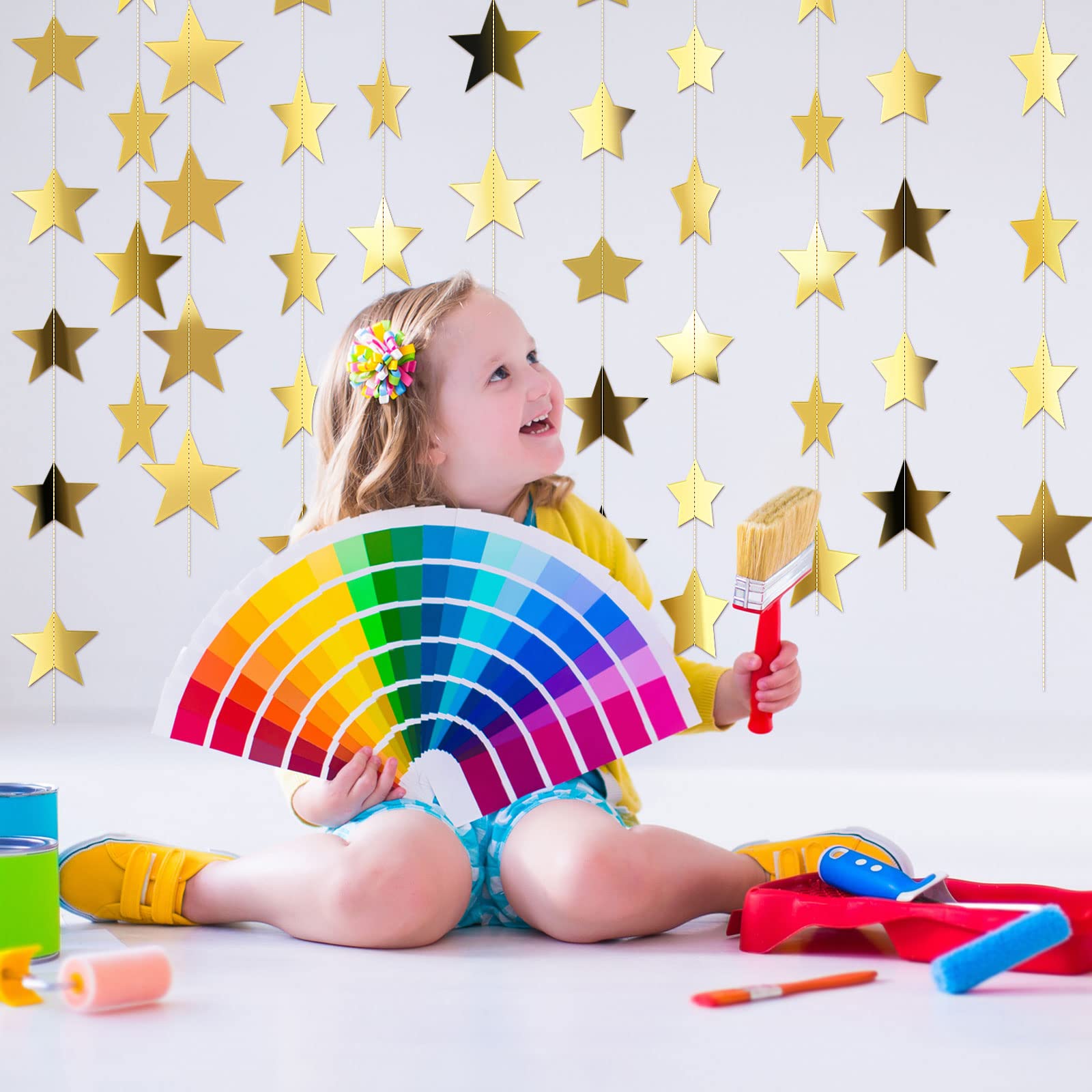 Patelai Glitter Star Garland Banner Decor 130 Feet Star Hanging Bunting Banner Twinkle Backdrop for Classroom Baby Shower Wedding Birthday Christmas Party Supplies(Gold)
