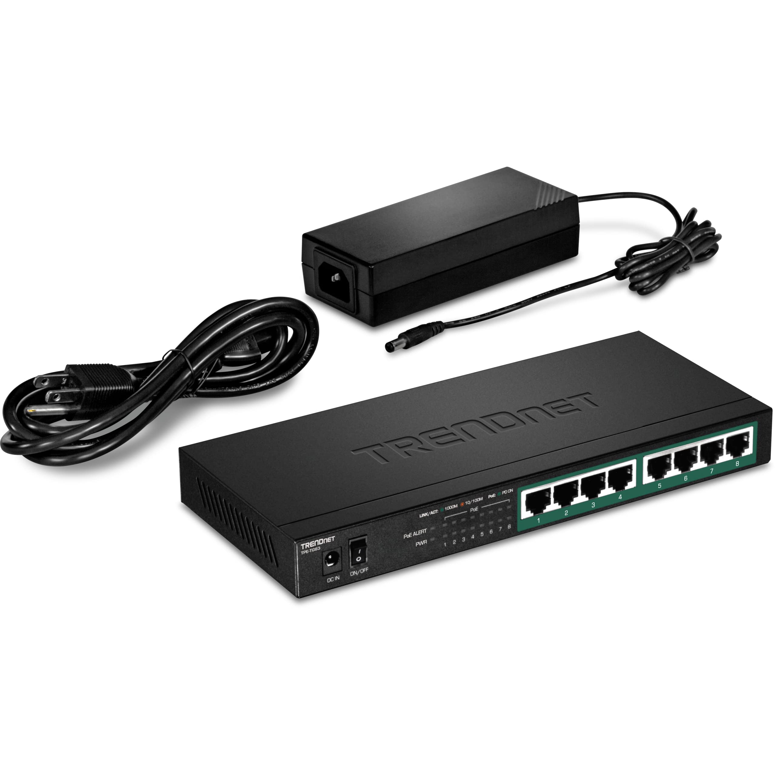 TRENDnet 8-Port Gigabit PoE+ Switch, 65W PoE Power Budget, 16Gbps Switching Capacity, IEEE 802.1p QoS, DSCP Pass-Through Support, Fanless, Wall Mountable, Lifetime Protection, Black, TPE-TG83