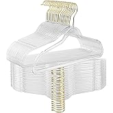 FREZON Clear Acrylic Plastic Hangers for Clothes for Adult Closet Heavy Duty Hangers Space Saving 360 Degree Swivel Hook and Notches (50, Gold/Clear)