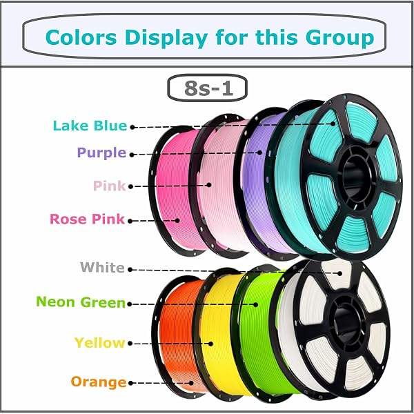 ONENPOXARY 3D PRINTER FILAMENT BUNDLE, PLA PLUS FILAMENT 8KG 1.75MM, NEATLY WOUND FILAMENT FOR MOST 3D PRINTER, 8 COLORS, 1KG SPOOL,LAKEBLUE PURPLE PINK ROSEPINK WHITE NEONGREEN YELLOW ORANGE