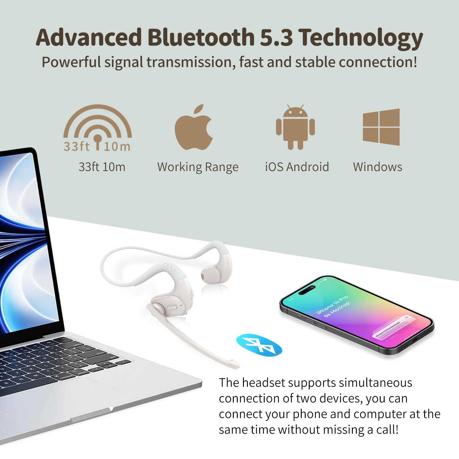 BANIGIPA Bluetooth Headset with Removable Microphone, Wireless Headset w/DSP Noise Cancelling for Phones Laptop Computer PC, Open Ear Headphones for Working Driving Running Cycling Driving -12 Hrs