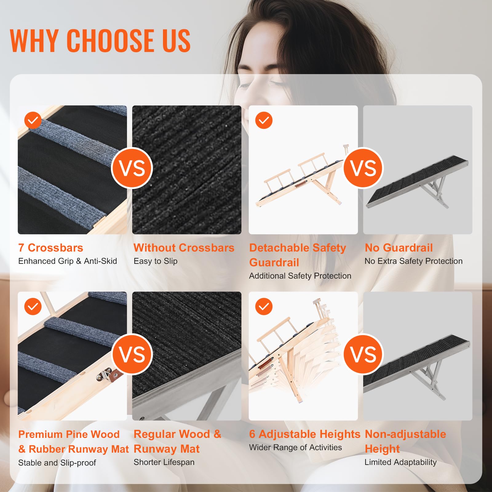 VEVOR Hunderampe 1,2m lang Hundetreppe mit 7 Querstangen Hundeautorampe aus Kiefernholz Gummi Hundeeinstiegshilfe 6-stufige Höheneinstellungen Tierrampe ca. 113kg Tragfähigkeit für große kleine Hunde 3