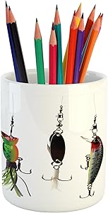 Ambesonne Fishing Pencil Pen Holder, Various Type of Fishing Baits Hobby Leisure Passtime Sports Hooks Catch Elements, Ceramic Pencil Pen Holder for Desk Office Accessory, 3.6" X 3.2", White Green