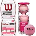Wilson Pink Pro Accessory Starter Pack - Bundle with A Set of Wilson Synthetic Gut Power 16g Pink Tennis String, 3-Pack Pink Pro Overgrip, 3-Ball Can Intrigue All Court Tennis Balls